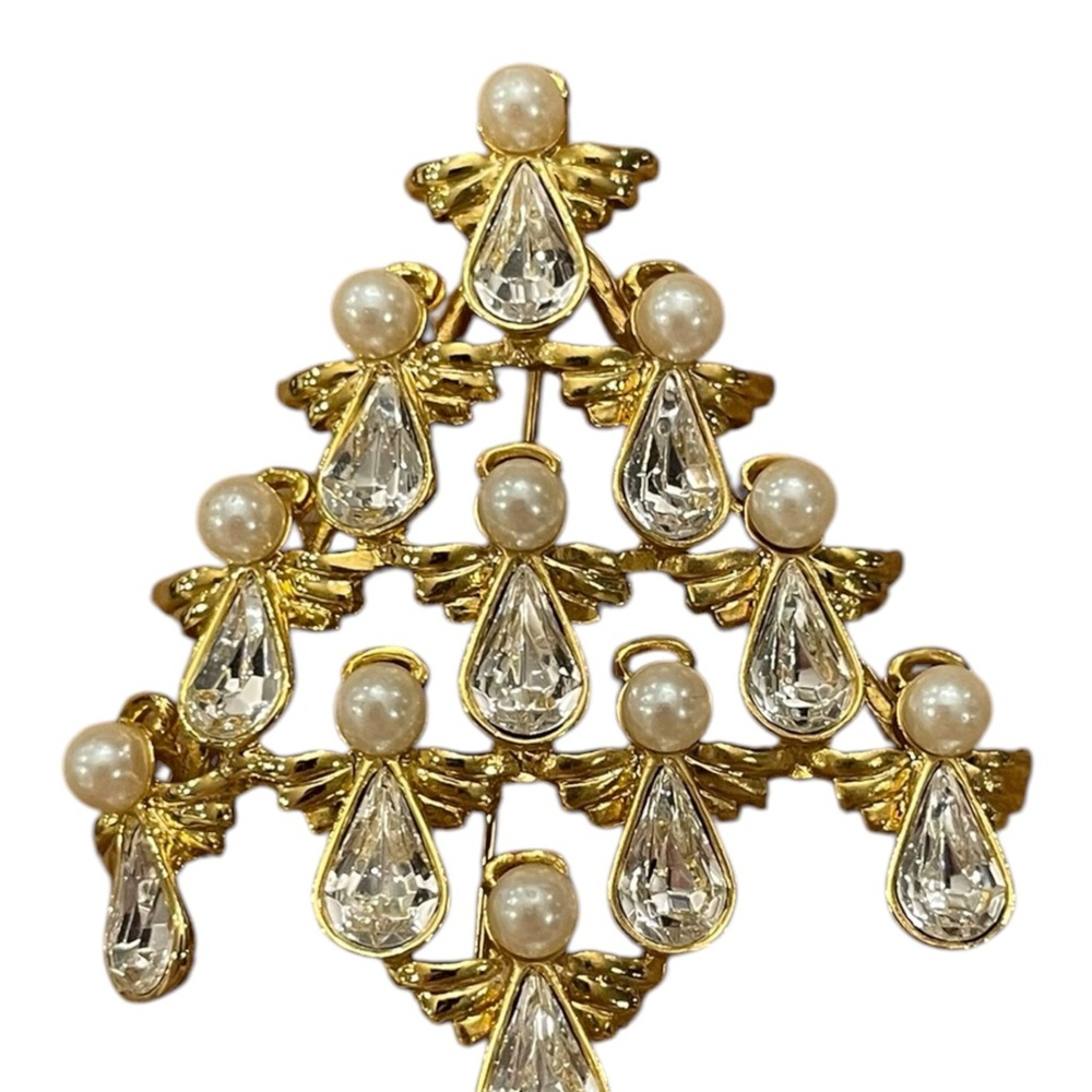 Vintage Avon Angel Christmas Tree Pin Brooch Pearl Rhinestone 2" Holiday Festive - Picture 5 of 5